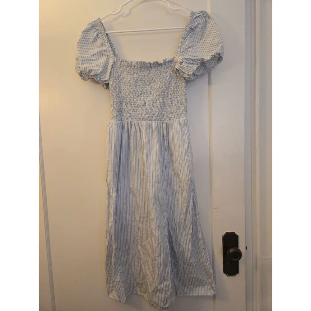 J. Crew Cotton Pinstripe Blue White Smocked Bodice Dress